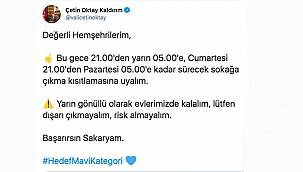 Sakarya'da Vali Kaldırım'dan Evlerde Kalma Çağrısı