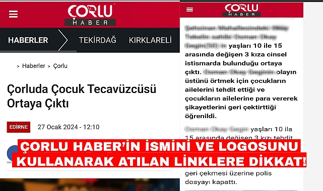 Çorlu Haber'in İsmini ve Logosunu Kullanarak Atılan Linklere Dikkat!